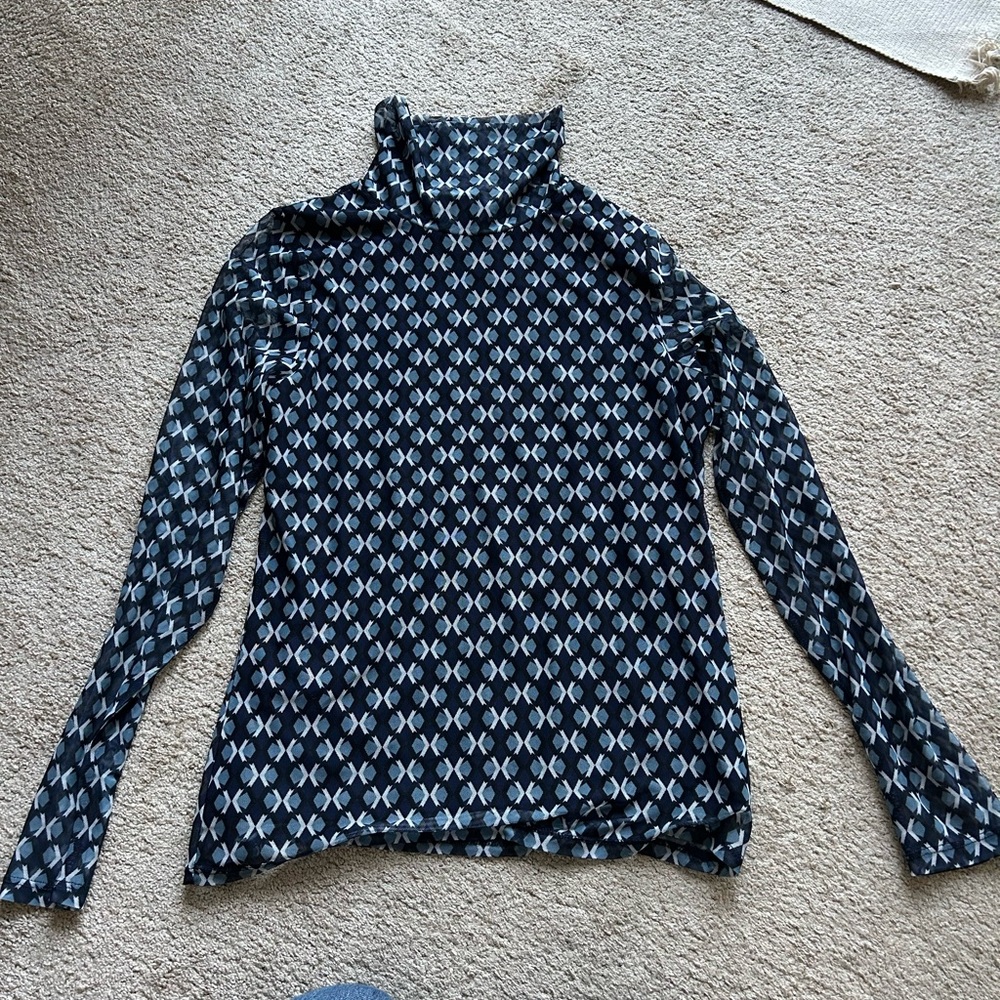 Rafaella Navy and White Geometric Long Sleeve Turtleneck Top